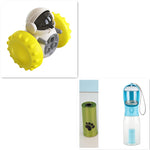 Toy robot with yellow wheels, green and clear water bottle with blue cap, and green container with paw print on a white background.