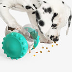 Teal dog toy with a Dalmatian dog interacting with it on a white background