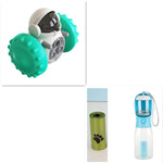 Collage of a teal and gray toy, a green and black item, and a blue and clear water bottle with a carrying case on a white background.