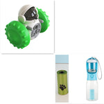 Collage of a green and gray toy with wheels, a green pet waste bag dispenser, and a blue and clear water bottle with a dog paw print.