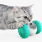 Cat playing with a teal and gray toy on a white background