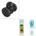 Black textured dog toy, green and clear waste bag holder with blue top, and clear water bottle with blue top on a white background.